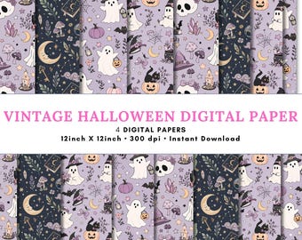 Papel digital de Halloween: fantasmas, arañas y calabazas. Diseños sin costuras en naranja y negro. Fondos espeluznantes. Archivos JPG y PNG imprimibles.