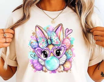Conejito de Pascua (Png), Conejito soplando chicle, Pincelada (Png), Diseño de sublimación, Camiseta de Pascua, Clipart de primavera, Pascua linda (Png), Coqueta (Png)