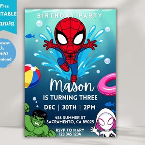 Könnte beinhalten: Eine Geburtstagseinladung mit einer Spider-Man-Cartoonfigur in einem Wasserspritzer-Design. Die Einladung enthält den Text "Mason wird drei" und Veranstaltungsdetails. Zusätzliche Grafiken sind ein Strandball, ein rosa aufblasbarer Ring und andere Superhelden-Charaktere.