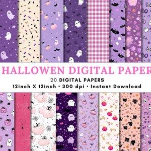 May include: A collection of 20 digital papers featuring Halloween patterns in shades of purple, pink, and white. Designs include ghosts, pumpkins, bats, spiders, webs, flowers, and plaid. Text reads HALLOWEEN DIGITAL PAPER 20 DIGITAL PAPERS 12inch X 12inch 300 dpi Instant Download.