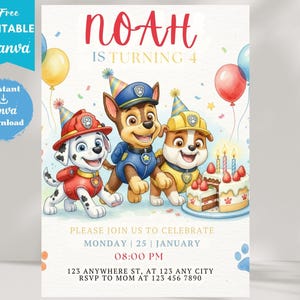 Editable Paw-ty Birthday Invitation Template | Kids Printable Party Invitation | Puppy Patrol Pup Crew Boys & Girls Bday | Instant Download