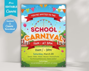 Plantilla editable de Canva para folleto de carnaval escolar, invitación a feria de primavera (descarga digital)