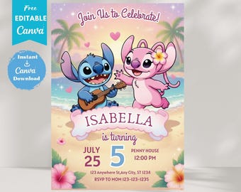 Invitación de cumpleaños de Lilo & Stitch, plantilla editable de Canva, invitación para fiesta infantil (descarga digital)