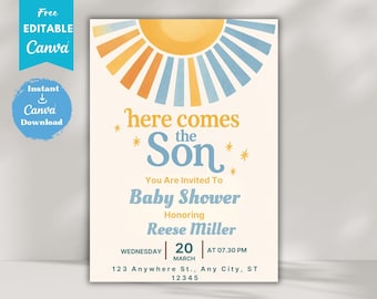 Invitación para baby shower "Aquí viene el hijo", invitación editable de baby shower con temática bohemia y sol, plantilla imprimible para fiesta de cumpleaños de Canva, diseño digital de 5 x 7 pulgadas.