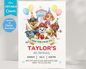 Plantilla editable de invitación de cumpleaños de Paw-ty / Invitación imprimible para fiesta infantil / Cumpleaños de la Patrulla de Cachorros para niños y niñas / Descarga instantánea