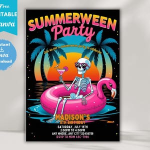 May include: A digital party invitation featuring a skeleton wearing sunglasses, floating in a pink flamingo pool float in water. The background shows palm trees and a sunset. Text reads: SUMMERWEEN Party, Madison's 8th Birthday, Saturday, July 15th.