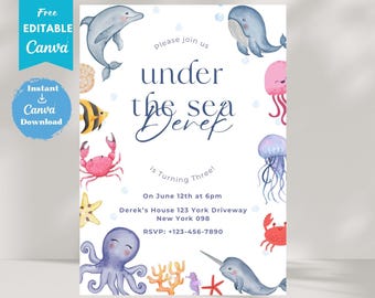 Invitación de cumpleaños "Onder the Sea", plantilla editable "Bajo el mar", invitación para el primer cumpleaños, invitación "Onder the Sea" para niñas con temática de animales marinos, BD153