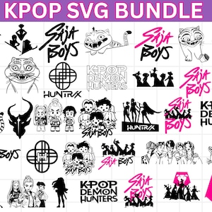 Puede incluir: Un conjunto de diseños SVG de KPOP en negro y rosa. Los diseños incluyen ilustraciones estilizadas de tigres, pájaros y personas, junto con texto que dice "SAJA BOYS", "KPOP DEMON HUNTERS" y "HUNTRAX".