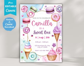 Invitación de cumpleaños con dulces y caramelos, invitación de cumpleaños para una dulce celebración, invitación a Candyland, helado, cupcake y donut, Canva editable