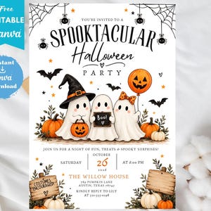 Halloween Party Invitation, Minimalist Halloween Party Invite, Cute Ghost Halloween, Spooky Party Invitation, Editable Canva Template