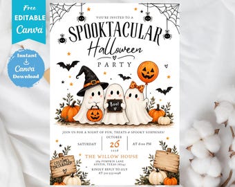 Puede incluir: Una invitación para una fiesta de Halloween con tres fantasmas, uno con sombrero de bruja negro, sosteniendo un cubo de calabaza y un cartel que dice Boo. El texto dice Spooktacular Halloween Party, 26 de octubre de 2024, The Willow House, Austin.
