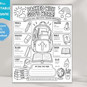 Könnte beinhalten: Ein schwarz-weißes, druckbares Arbeitsblatt mit dem Titel PACKED WITH GOD'S WORD!, das einen Rucksack, Schulsachen und religiöse Symbole zeigt. Die Seite enthält Abschnitte für Bleistift, Radiergummi, Lineal, Lampe, Gebet, Bibel, Buch und Kleber mit Texten und Bibelversen.