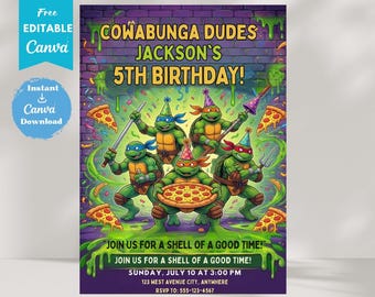 Invitación de cumpleaños de las Tortugas Ninja, editable para fiesta de Cowabunga (descarga digital)