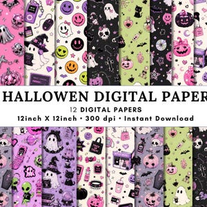May include: A collection of 12 digital papers featuring Halloween-themed patterns with ghosts, skulls, pumpkins, cats, and potions in pink, black, purple, and green. The text reads HALLOWEN DIGITAL PAPER, 12 DIGITAL PAPERS, 12inch X 12inch, 300 dpi, Instant Download.