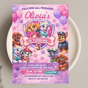 Editable Paw-ty Birthday Invitation Template, Kids Party Invitation, Puppy Patrol Pup Boys & Girls birthday Digital download