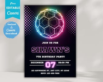 Invitación de cumpleaños con temática de fútbol neón, plantilla editable de Canva (descarga digital)