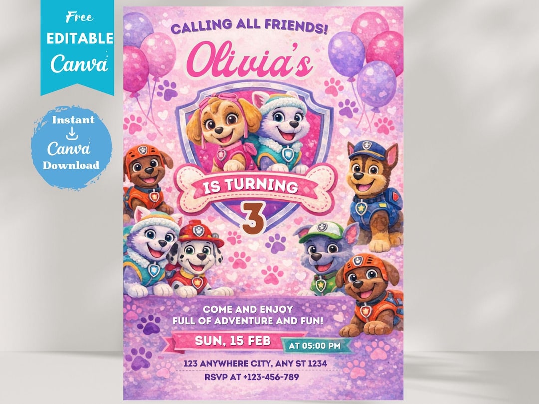 Editable Paw-ty Birthday Invitation Template, Kids Party Invitation, Puppy Patrol Pup Boys