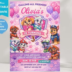 May include: A pink and purple birthday party invitation with cartoon puppies. The text reads "Calling All Friends! Olivia's Is Turning 3." Includes the text: "Come and enjoy full of adventure and fun!" and RSVP details.