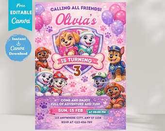 Plantilla editable de invitación de cumpleaños para fiestas infantiles, invitación para fiestas de cachorros de Puppy Patrol para niños y niñas (descarga digital)