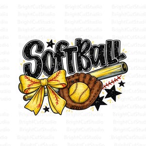May include: A softball-themed graphic with the word "Softball" in black and white, a yellow bow, a brown glove, a yellow softball, and a baseball bat. Black stars and red stitching complete the design.