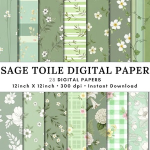 Può includere: Una collezione di 28 carte digitali intitolata SAGE TOILE DIGITAL PAPER, 12inch X 12inch, 300 dpi, Instant Download. I motivi presentano sfondi verde salvia con illustrazioni floreali bianche, righe, quadri e disegni a quadretti vichy.