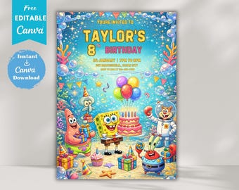 Editable Sponge Cake Birthday Invitation Template, Under the Sea sponge Birthday Party Invitation,Cartoon Party Template, Kids Party Invite