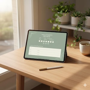 May include: A digital tablet displaying a "Daily Anxiety Check-In" screen, with a stylus resting on a wooden table. The screen features a green and white interface with text and circular indicators. Potted plants and a mug are in the background.