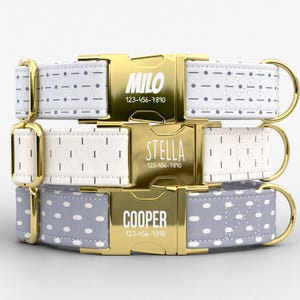Personalized Dog Collar | Engraved Gold Buckle, Cream Polka Dot, Name Phone | TPUPC-11
