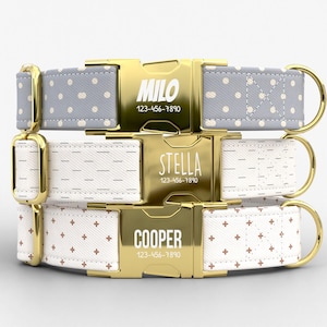 Personalized Dog Collar, Engraved Gold Buckle, Polka Dot, Cream Dash, Rose Gold Cross TPUPC-12