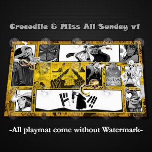 May include: A playmat with a manga-style design in black, white, and gold, displaying panels of characters and the text "Crocodile & Miss All Sunday v1." The design includes a hook-shaped emblem.