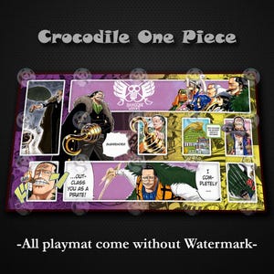 以下が含まれることがあります： 「Crocodile One Piece」のテキストが入った、漫画スタイルのデザインの長方形プレイマット。キャラクターと吹き出しのあるパネルが含まれています。プレイマットは紫と黄色の配色で、「SURRENDER」と「...OUT-CLASS YOU AS A PIRATE!」の文字が入っています。