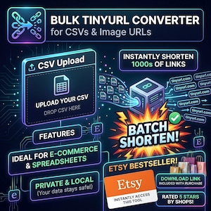 May include: A digital graphic for a Bulk TinyURL Converter for CSVs and Image URLs. It features a CSV upload box, a batch shortening tool, and text including "Instantly Shorten 1000s of Links," "Etsy Bestseller," and "Private & Local" on a dark background.
