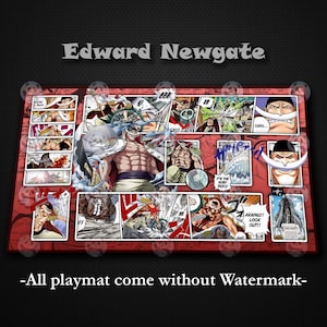 Könnte beinhalten: Eine rote Spielmatte mit Comic-Panels mit der Figur Edward Newgate. Die Spielmatte hat oben den Text "Edward Newgate" und unten "-All playmat come without Watermark-". Die Spielmatte ist für Kartenspiele konzipiert.