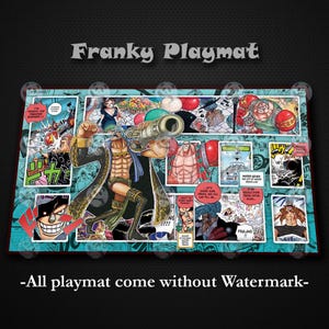 Puede incluir: Una alfombrilla de juego rectangular con un diseño de cómic, con el texto "Franky Playmat". La alfombrilla tiene un borde turquesa y presenta personajes y viñetas de cómic.