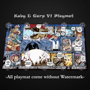 May include: A rectangular playmat featuring a multi-panel manga-style graphic print of characters Koby and Garp from One Piece. The design includes action scenes, dialogue bubbles, and text such as Galaxy Impact, Reward Koby, and Honesty.
