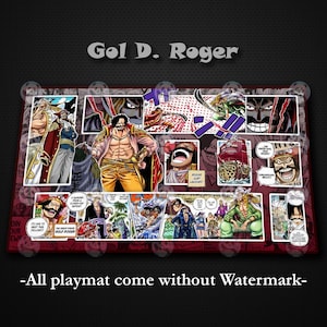 May include: A rectangular playmat featuring a collage of manga panels with the character Gol D. Roger. The playmat has a red border and includes the text "Gol D. Roger" and "-All playmat come without Watermark-".
