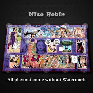 May include: A playmat featuring a collage of illustrations of Nico Robin from the anime series One Piece. The design includes various panels with colorful artwork, text, and a purple border. The text "Nico Robin" is at the top.