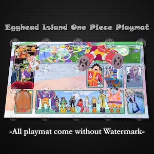 May include: A rectangular playmat featuring colorful illustrations from the One Piece anime series. The design includes various characters and scenes from Egghead Island. The text "Egghead Island One Piece Playmat" is displayed at the top.