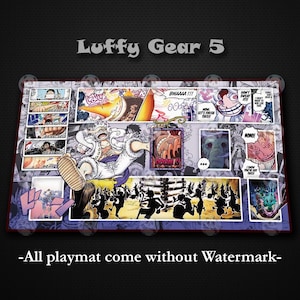 May include: A playmat featuring a colorful manga-style design with the text "Luffy Gear 5". The design includes various panels with characters and action scenes. The playmat has a purple border and the text "-All playmat come without Watermark-".