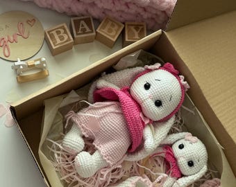 Coffret cadeau baby shower - Ensemble lapin au crochet fait main, coffret cadeau nouveau-né, cadeau de naissance personnalisé, coffret cadeau fille