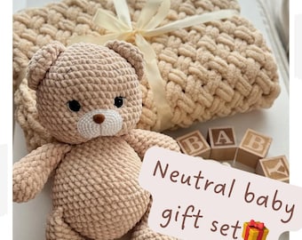 Coffret neutre pour bébé, ours en peluche au crochet, couverture pour bébé, cadeau nouveau-né, cadeau de baby shower, décoration de chambre de bébé, souvenir de bébé