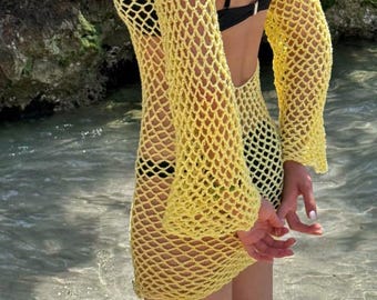 Robe de plage au crochet | Robe en filet à manches longues et dos nu | Tenue bohème