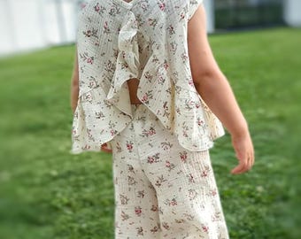 Ensemble fille en mousseline fleurie, haut et pantalon à basque en coton cottage, tenue d'été pour bébé fille