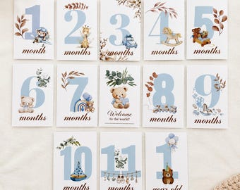 Cartes jalons bébé garçon 1-12 mois | Cartes photo de première année | mensuelles bleues bébé | Cadeau souvenir nouveau-né | Cartes mémoire Baby Journal