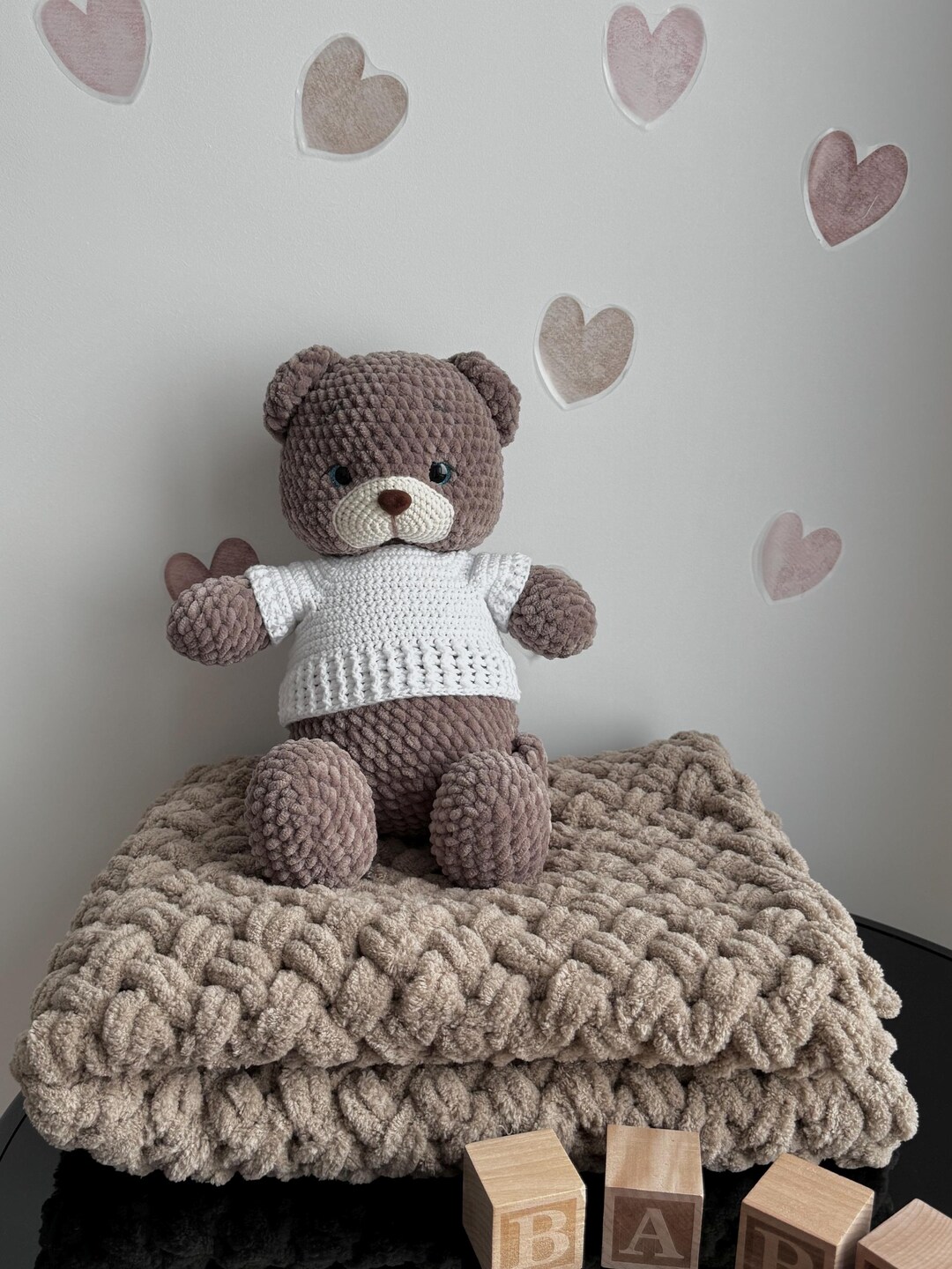 Personalized Crochet Teddy Bear and Chunky Baby Blanket Set – Nursery ...