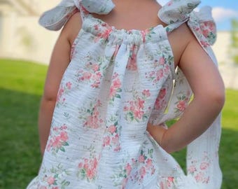 Robe en mousseline pour fille, robe d'été florale, robe réglable aux épaules nouées, tenue en coton à fleurs pour tout-petit