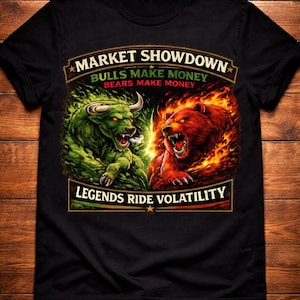 May include: Black t-shirt featuring a green bull and a red bear, representing market forces. Text reads "MARKET SHOWDOWN" and "LEGENDS RIDE VOLATILITY". The bull and bear are surrounded by flames, symbolizing volatility.