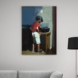 May include: An oil painting depicts a child wearing headphones, standing near a record player. The child is wearing a red shirt and white shorts. The record player is on a small wooden table. A laptop is open on top of the record player.