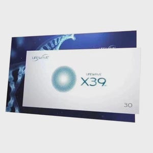 May include: A white box with the text "LIFEWAVE X39" and a circular teal design. The number "30" is in the lower right corner. The box is on top of a blue background with a DNA strand design.
