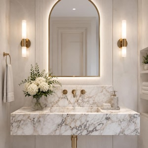 May include: A luxurious bathroom vanity with a marble countertop and integrated sink. The vanity features gold fixtures, a large arched mirror with integrated lighting, and two sconces. A vase of white flowers adds a touch of elegance.